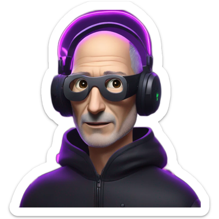Steve Jobs wearing a black hoodie with "OMG" letters on it and VR headset in a cyberpunk VR environment with violet neon lighting. sticker