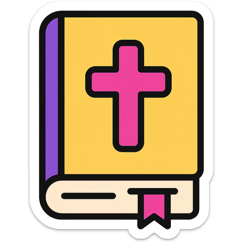 closed Bible with a pink cross on the cover, color outline icon style, simple and minimal sticker