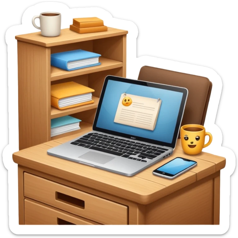 emoji of a cozy desk with a paper and a laptop on it sticker