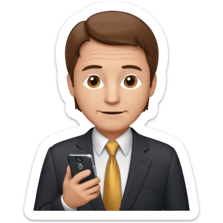 Un hombre  mayor con leve sonrisa de traje con tez clara pelo color castaño, vestido con traje camisa y corbata y celular en mano .  sticker