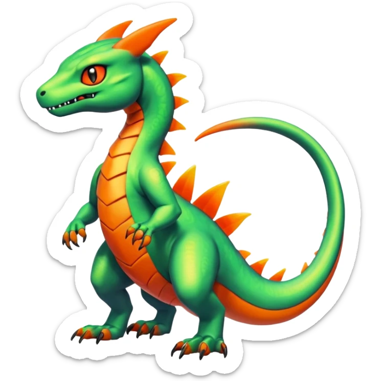 Cute Shiny neon-green iridescent Guilmon-Salandit-Fakémon-hybrid-creature (full body)  sticker