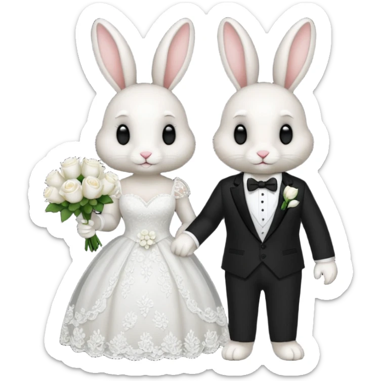 a couple bunnies, one in a wedding dress and a bouquet of white roses. The other one in a suit  sticker