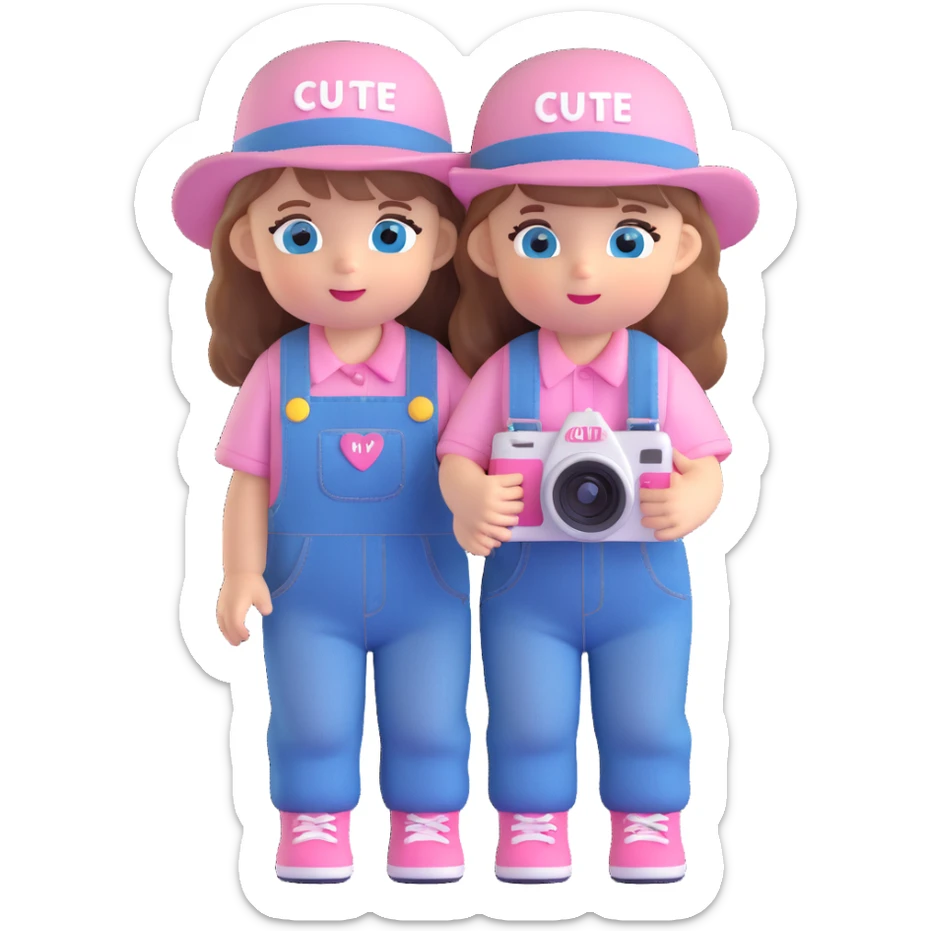 3D cartoon character design of a cute baby girl with golden brown hair, big blue eyes, pink blush, wearing denim overalls with the word 'cute' printed on her clothes, a cute hat, big head and small body, holding a camera, front view sticker