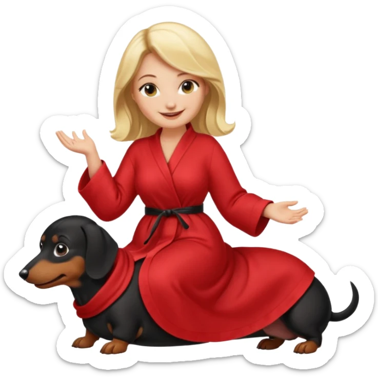 A blonde curvy woman riding on top of a black mini-dachshund wearing a red robe sticker