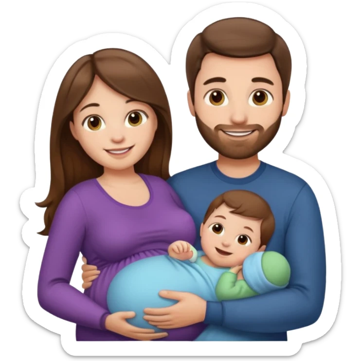 "Pregnant woman with long brown hair and fair skin and man with short brown hair and fair skin  holding one baby  smiling."
 sticker