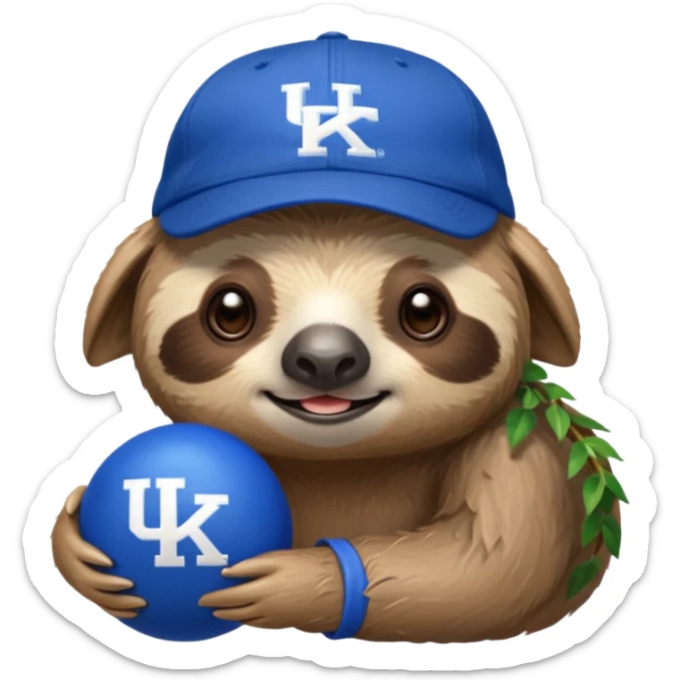 Sloth with a blue ball cap and UK for university of Kentucky  sticker