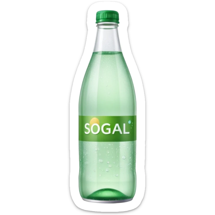 transparent bottle of sparkling water, green cap, clear fizzy water with bubbles, soft reflections, minimal blank label, 3D, refined, soft lighting, no anthropomorphic features, no extra elements, emoji scale sticker