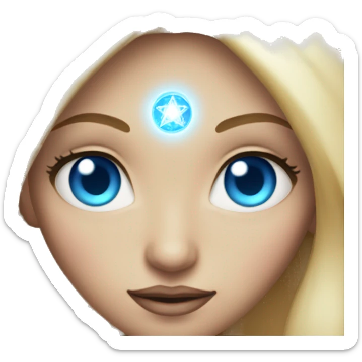 magical diva with thin pink andromedan face long blonde hair and blue eyes glowing third eye sticker