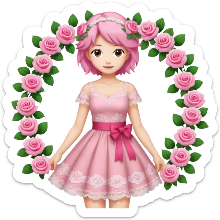 pastel anime woman with pink and white lace dress full body and roses in hair sticker