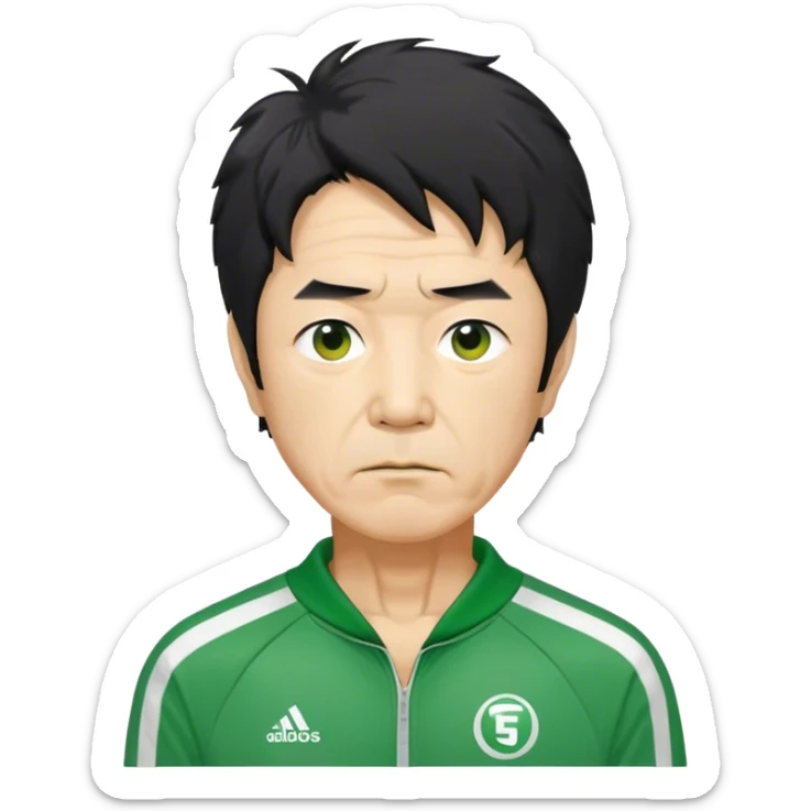 Seong Gi-hun : age 60, slim man with messy, unkempt black hair, Green player tracksuit,  sticker