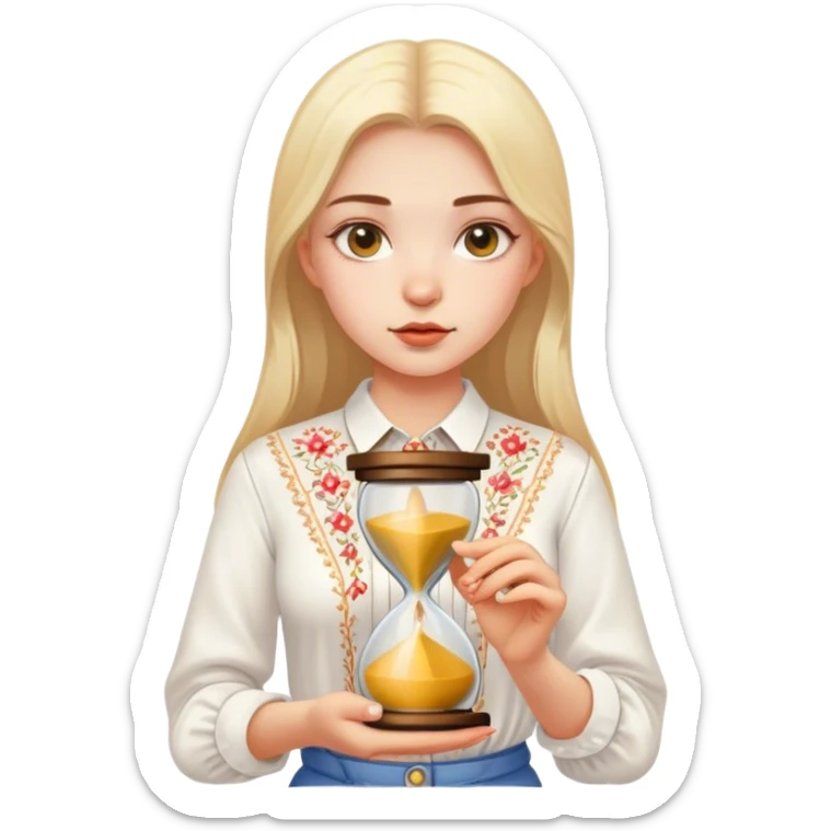 A Ukrainian girl in a white embroidered shirt holds an hourglass in her hand sticker
