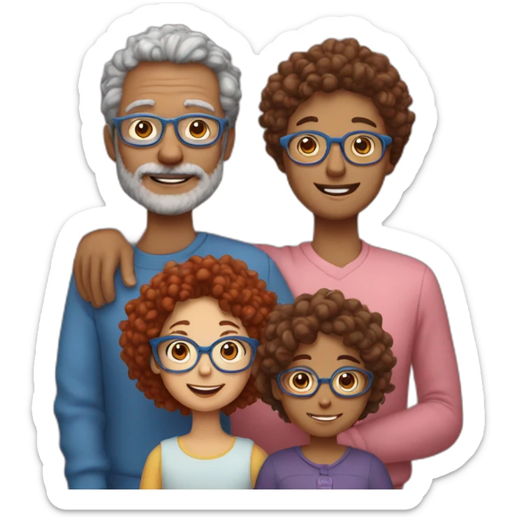 family of four father with gray hair mother with red curly hair and blue glasses son with brown hair and little daughter with curly brown hair sticker