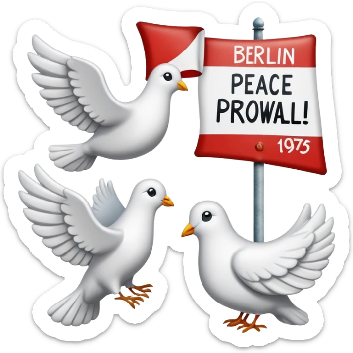 close-up of protest signs with peace dove and Berlin Wall, 1950s and 60s sticker