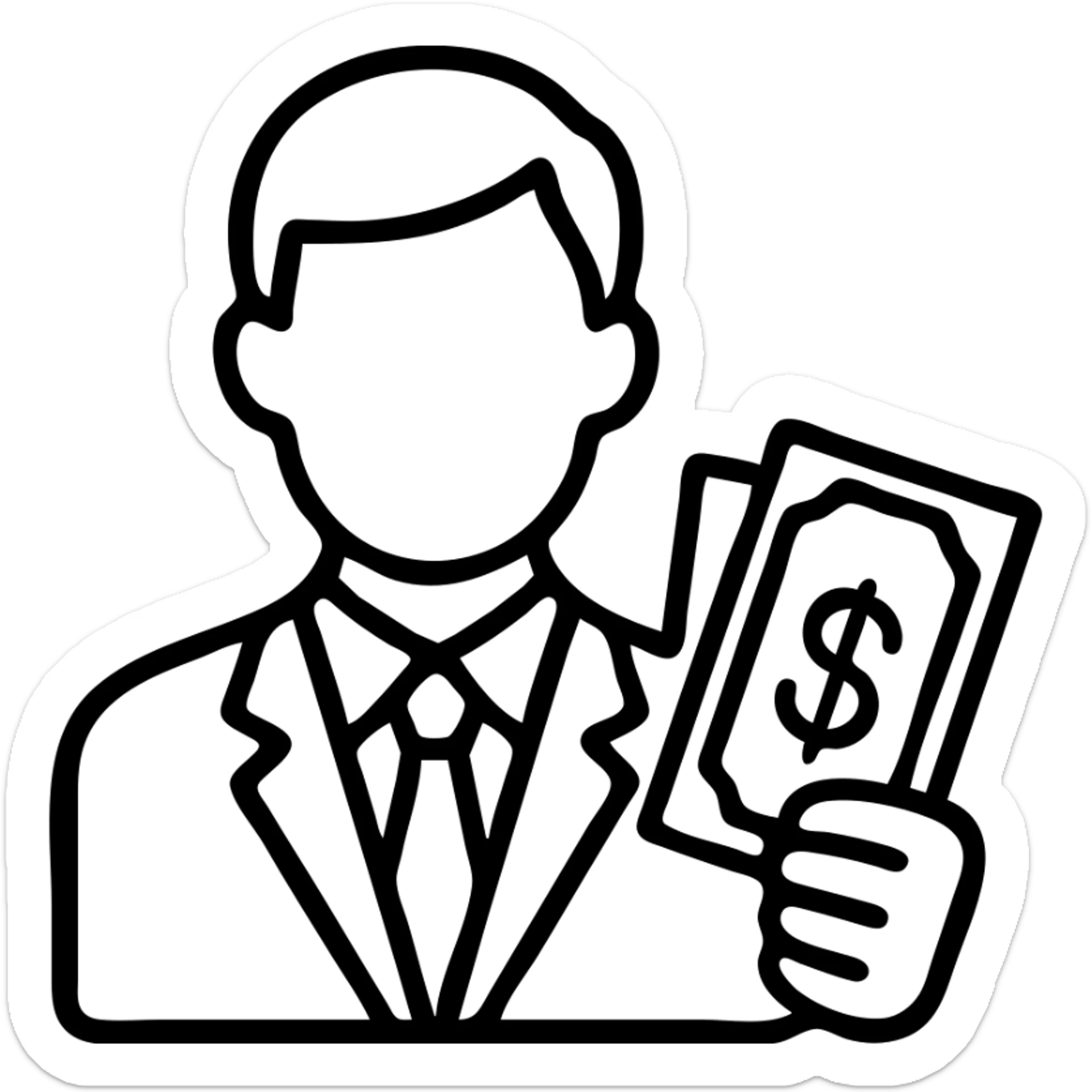 Business man holding dollar bills, wealthy person with cash sticker