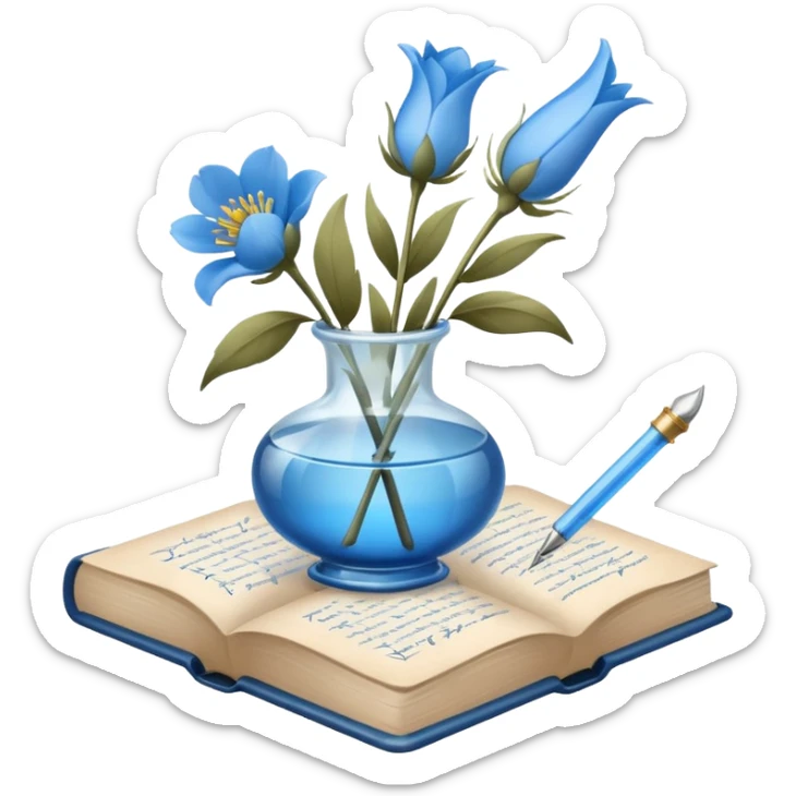 antique blue book, soft blue flowers in a glass vase, writing quill, simple small icon, iOS emoji sticker