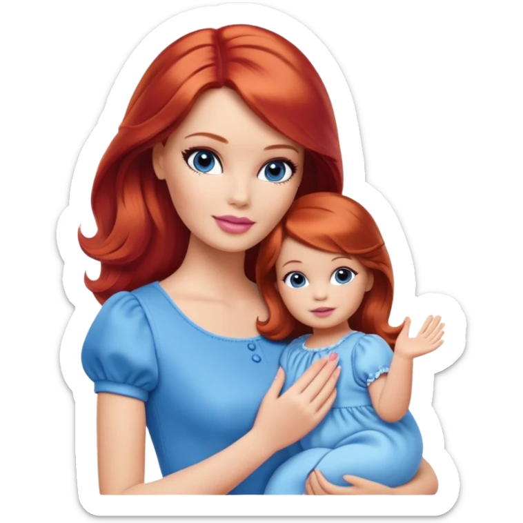 A barbie girl with makeup with brown hair with a baby, a daughter, a girl with red hair, holding her hand in blue clothes sticker