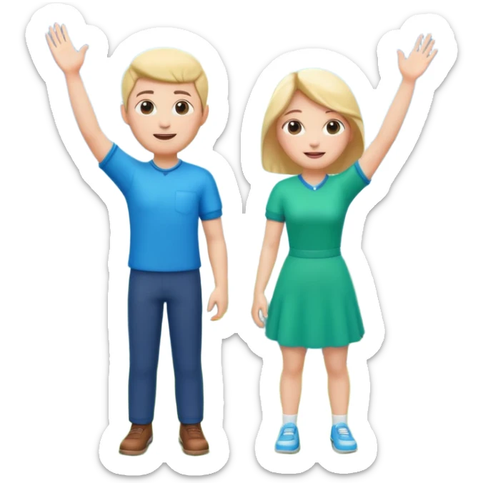 A 3D cartoon couple on top of a hill raising hands in victory, sunny sky and nature background, Memoji-style. sticker