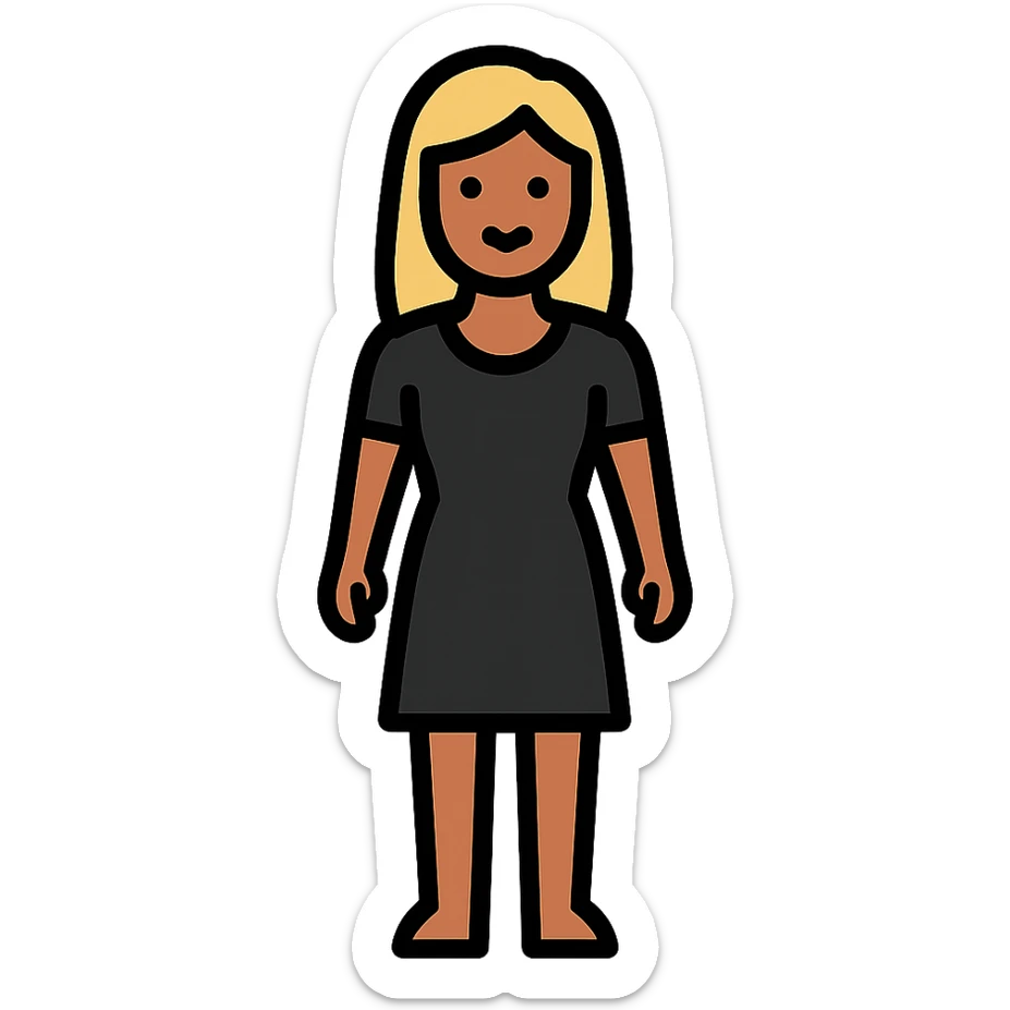 Asian woman with tanned skin, mid-long blonde hair, black dress, standing pose, color outline icon style sticker