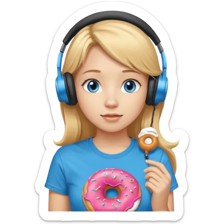 una ragazza dall‘ età di 19 anni con capelli biondi miele lunghi ,  occhi celesti,  con addosso una maglietta con una ciambella e le cuffie ascoltando violetta sticker