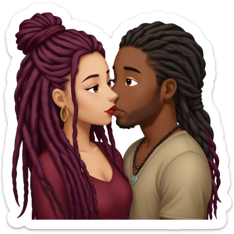 Dark Wine colored hair Latina long hair, kissing young black guy with dreads sticker