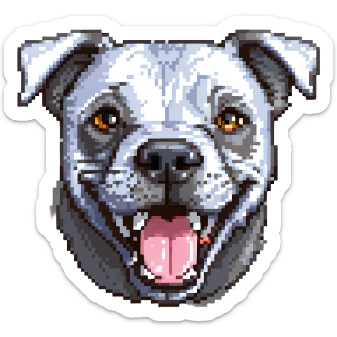 round circle puppy head only, full grey bleu staffy, big open mouth, big tongue out, stupid expression sticker