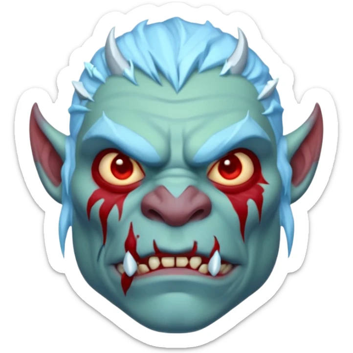 Fantasy orc portrait emoji, frozen scar glowing deep red against icy blue skin tones, primal winter survival theme, restrained detail, clean readable emoji style, male/female variant
 sticker