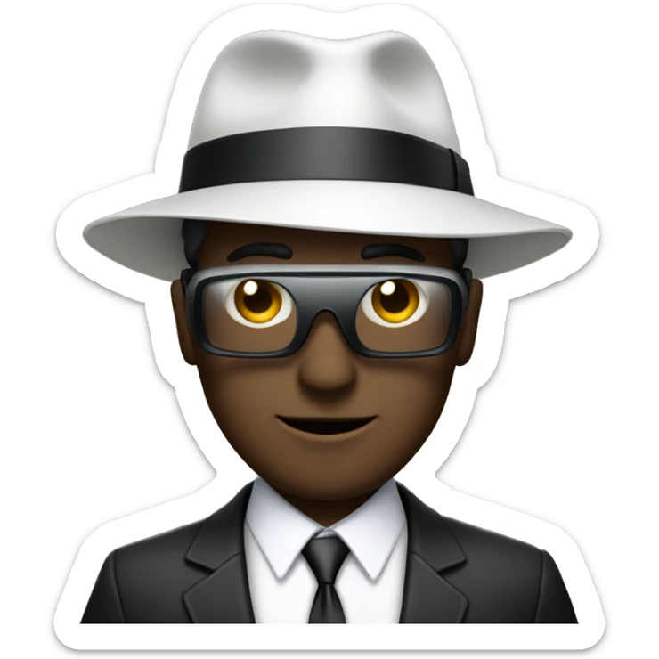 no visible eyes, white male, with a black fedora with a pinstripe suit and a vr headset happy  sticker