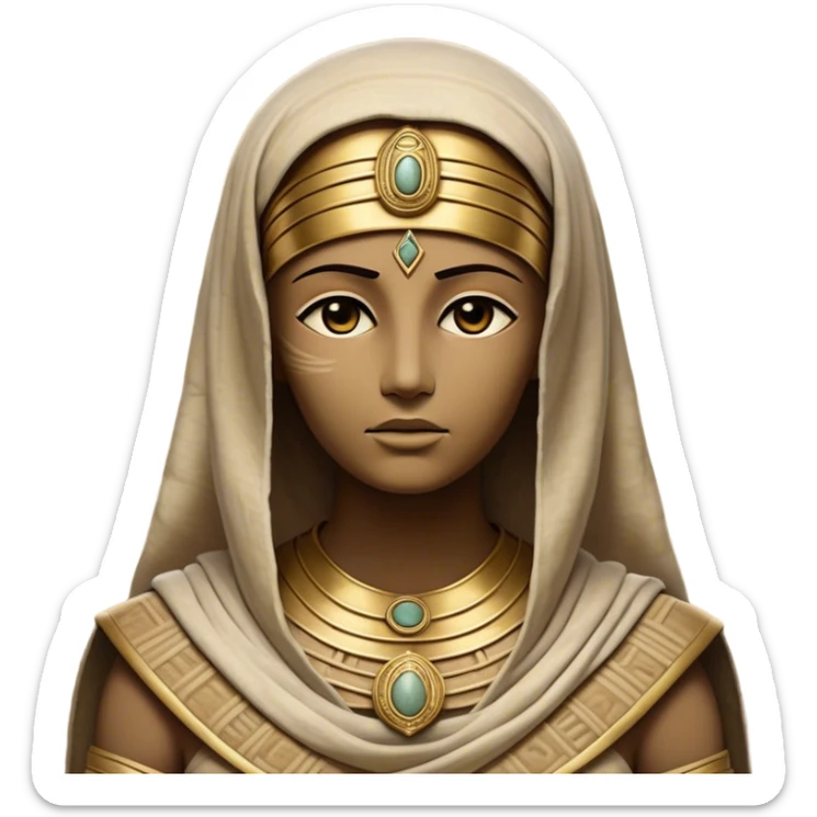 Cinematic Noble Mummy Portrait Emoji, Regal and timeless, with a meticulously wrapped, ancient form in muted earth tones accented by faded gold, exuding an air of forgotten majesty and solemn duty, simplified yet elegant with intricate bandage details, highly detailed and softly glowing, evoking the dignified mystery of an eternal sentinel guarding long-lost secrets! sticker
