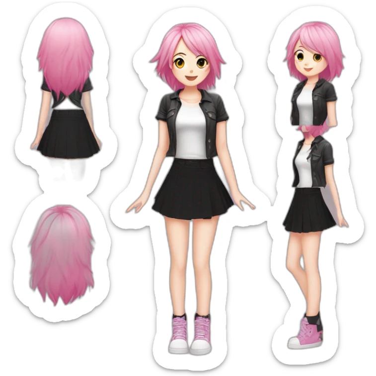 Full body Front view curvy emo girl pink hair sits on the floor straight view hands up black skirt белые трусики полосатые рваные чулки sticker