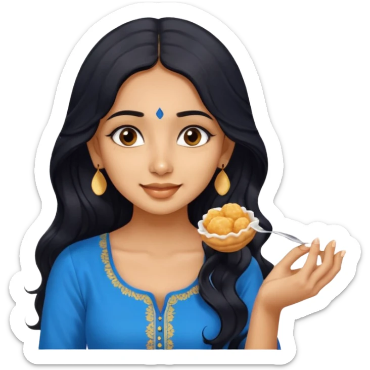 a pretty tan indian bratz girl with wavy long BLACK hair. eyeliner on, wearing a blue kurti, eating golgappa. NO SPOON sticker