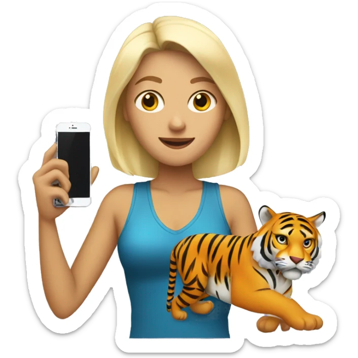 blonde woman with cell phone in her hand and a tiger on her side sticker