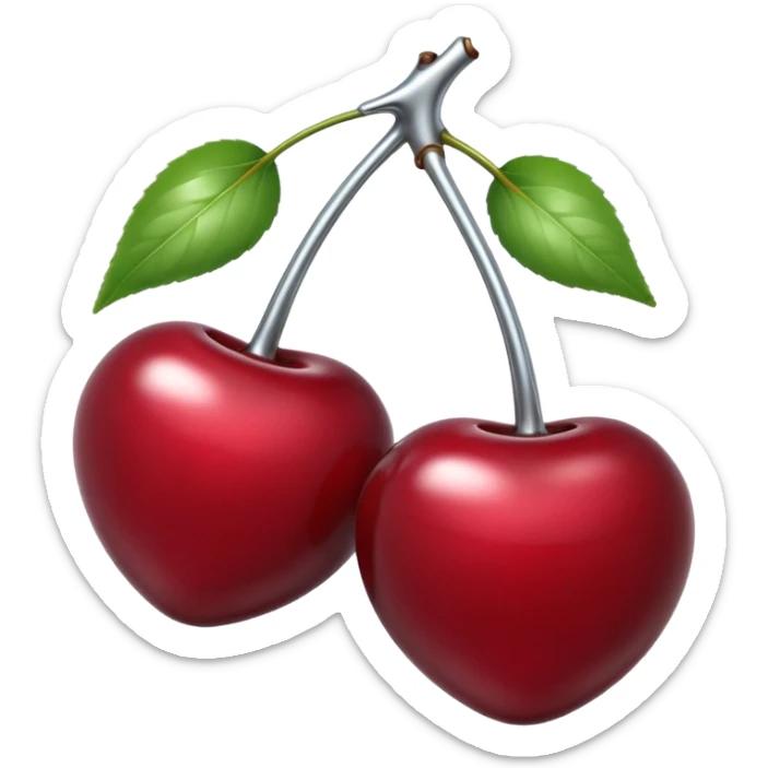 A pair of cherries emoji made of liquid silver chrome, smooth rounded shapes, glossy metallic surface, subtle sensual vibe, luxury sexy aesthetic, iOS emoji style, centered, clean white background sticker