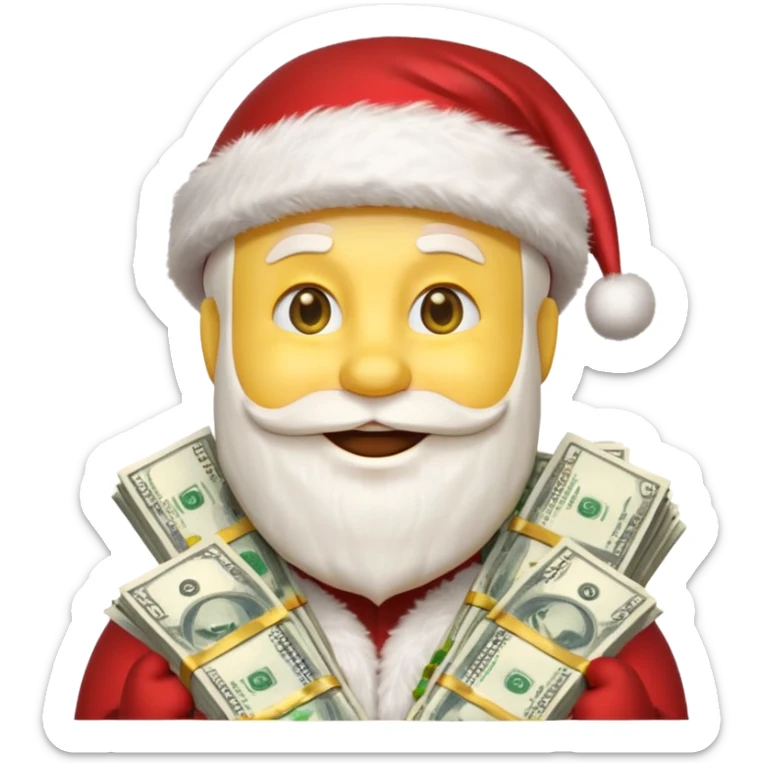 A festive 3D emoji style yellow smiley face wearing a Santa hat, surrounded by stacks of cash and dollar bills, joyful expression, Christmas and New Year theme, high quality, clean design, studio lighting, no text, no background, isolated object, transparent background, emojis.com style sticker