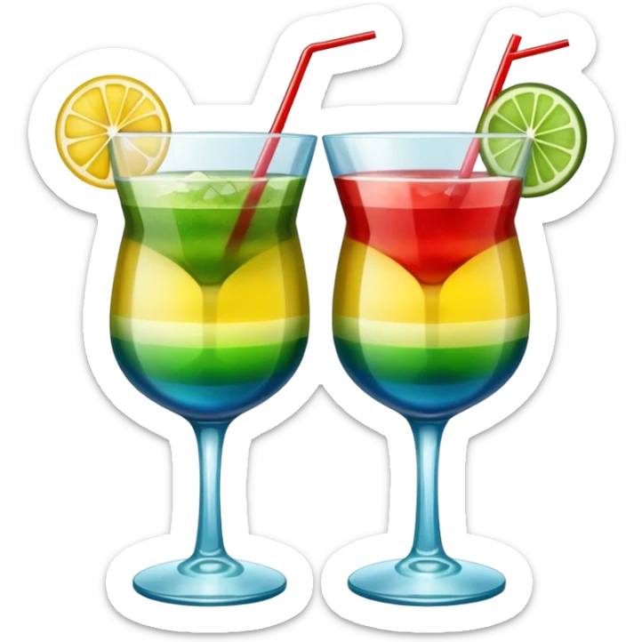 Create an emoji of two cocktails cheers action, one glass of green and yellow color and one glass of blue and red, without any fruit sticker