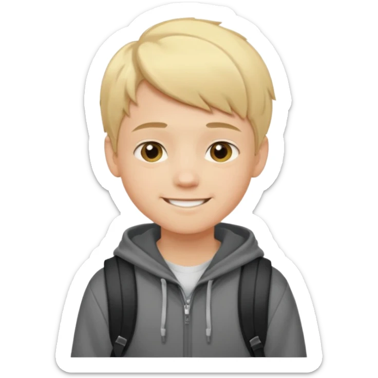 emoji of a teenage boy, short blonde hair, wearing a hoodie and backpack, cheerful look sticker
