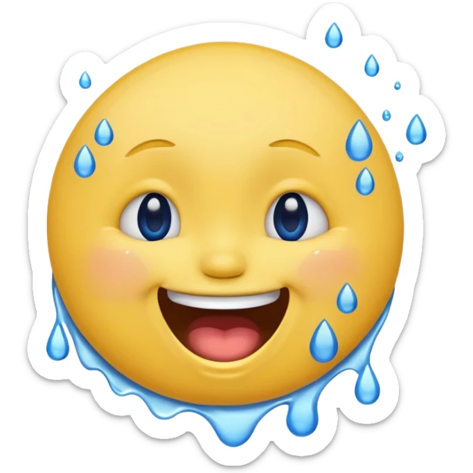 Emoji, yellow round laughing face, open mouth with Splashing blue tears from the eyes  sticker