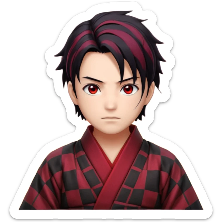“Tanjiro Kamado, burgundy eyes, black hair with red tips, ember-textured scar, checkered haori, ultra-detailed anime realism, sharp strands, glowing highlights, 8k cinematic look.” sticker
