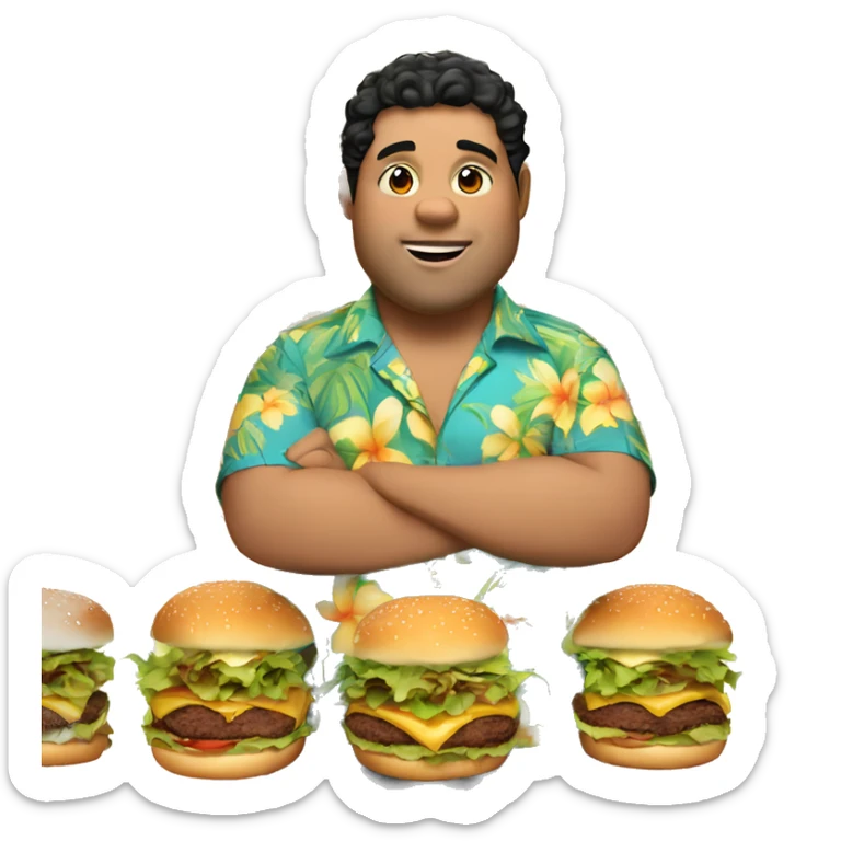 Fat guy wearing hawaiian shirt, black short curly hair, eating burger, belly showing sticker