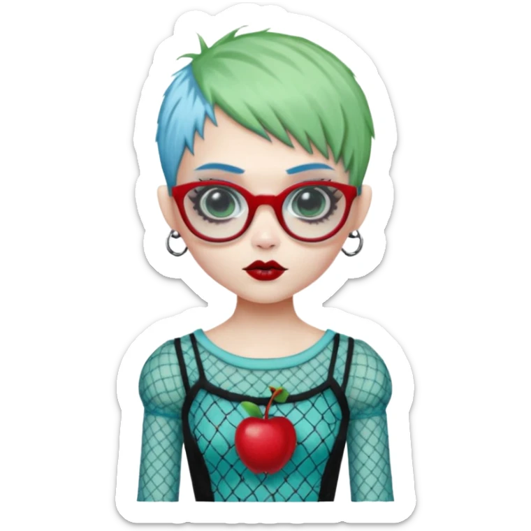 Ghoulia yelps monster high doll in scene/emo style cherry print dress with fishnet sleeves, clothes, thin, small, red, rectangle glasses, pale white-blue skin, pale-green pixie-cut, zombie scars , boy sticker