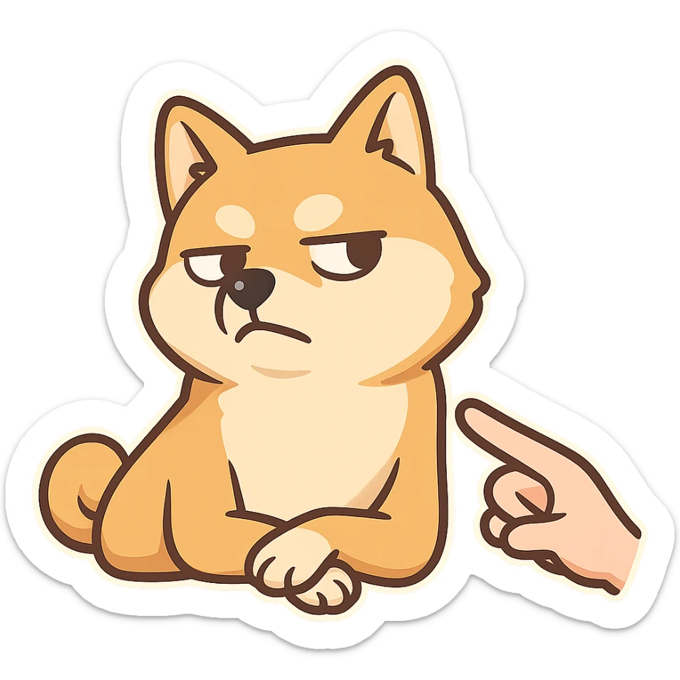 One hand pointed at the Shiba Inu, and the Shiba Inu lay down with his hands folded, turned his head away, but his expression was full of pride and disdain. sticker
