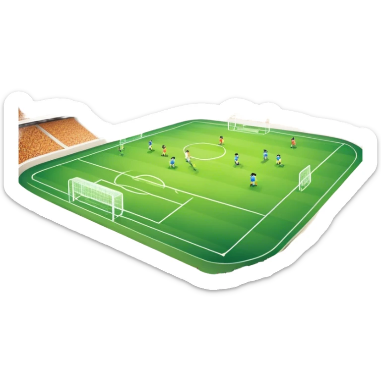 An icon showing a large, beautiful indoor stadium with soccer players on the field, actively playing. Fans cheer from the stands, creating a vibrant and energetic atmosphere. Bright lights shine down on the action, symbolizing the excitement of live sporting events. Transparent background. sticker
