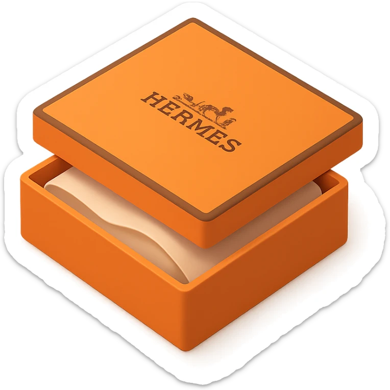 3D style orange Hermès box, slightly open with tissue paper inside, Hermès logo on the center, same square shape and proportions as reference, minimal, on white or transparent background, alternate angle sticker