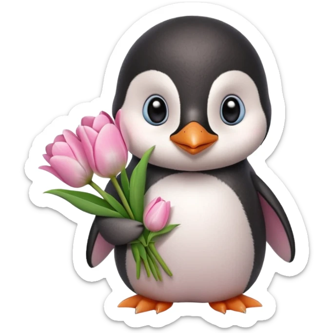 Cute baby penguin holding flower bouquet wraped in white paper and all flowers tulips in pink colour sticker