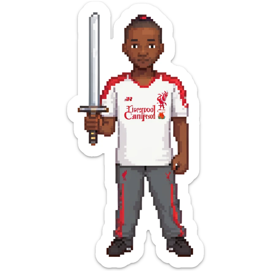 A black man holding a sword, wearing a Liverpool FC shirt and trousers sticker
