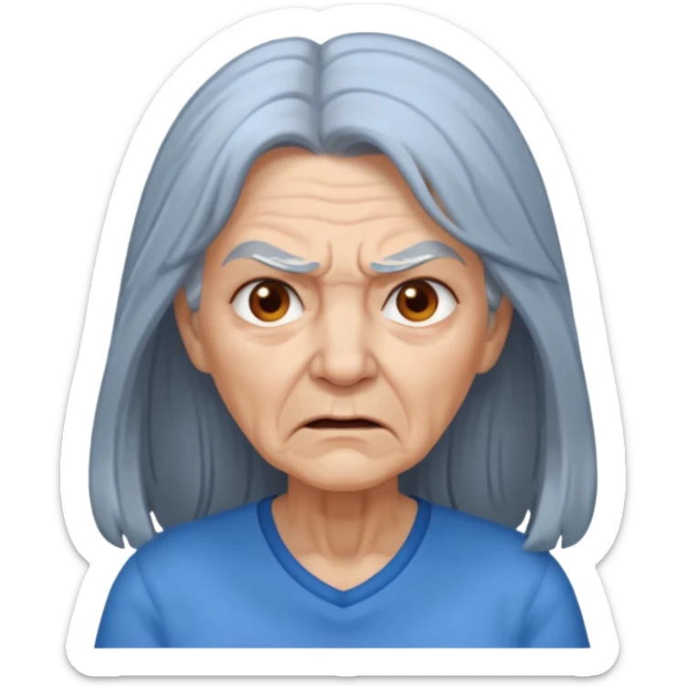 a portrait of angry elderly woman, long hair, wearing shirt sticker