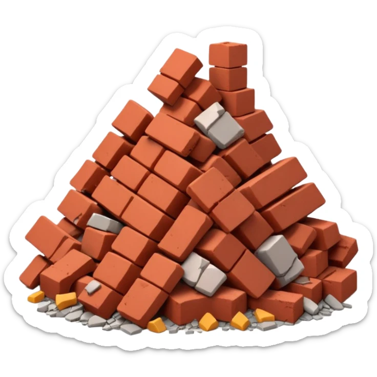 3D iPhone style emoji of a pile of bricks, roof pieces, and wall rubble, scattered and broken, isolated on white background, soft shadows, high detail, playful and cute sticker