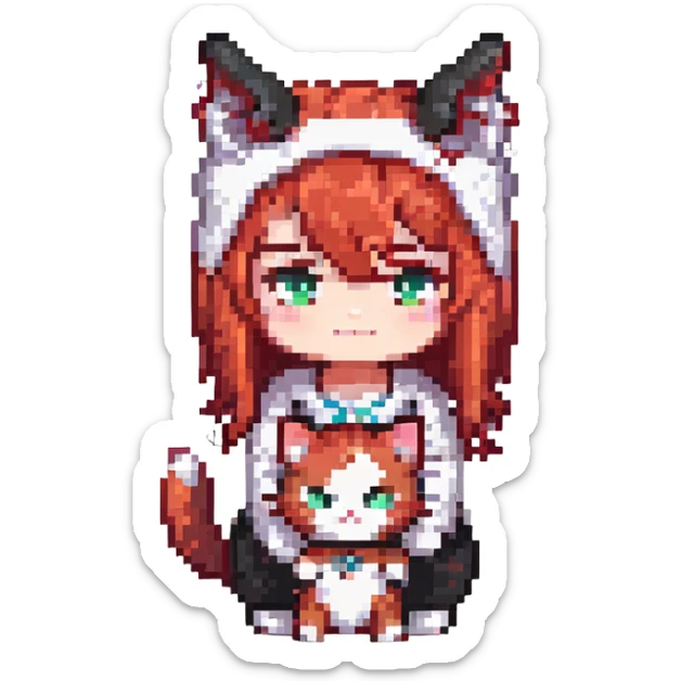 A chibi version of a character with red hair, horns, and a black and white cat, in a pixel art style. sticker