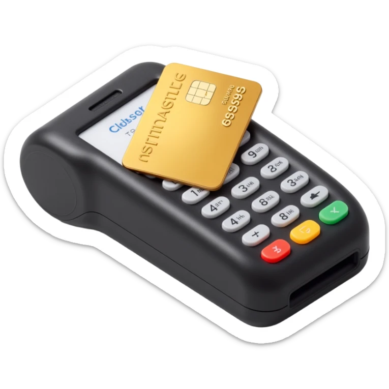 shiny credit card being swiped on a payment terminal, skeuomorphism style sticker