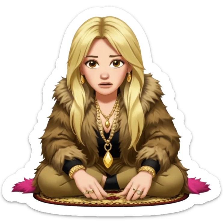 Cinematic Realistic Ultra HD -  Angry, High Nose - Glamour, Plunging Neck Hilary Duff Extreme Long Long Hairstyle in Shaggy Fur Coat with Gold Flash - Crouching on Kashmir Carpet sticker