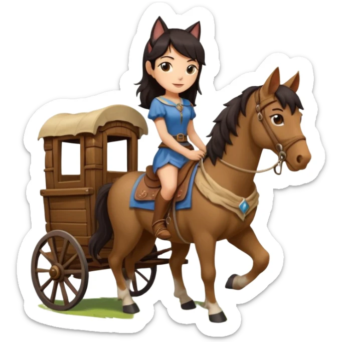  Rustic wood detailed 1854 driving and pretty dark-haired Catgirl riding a huge horse drawn Caravan alone together on a romantic trail in the woods  sticker